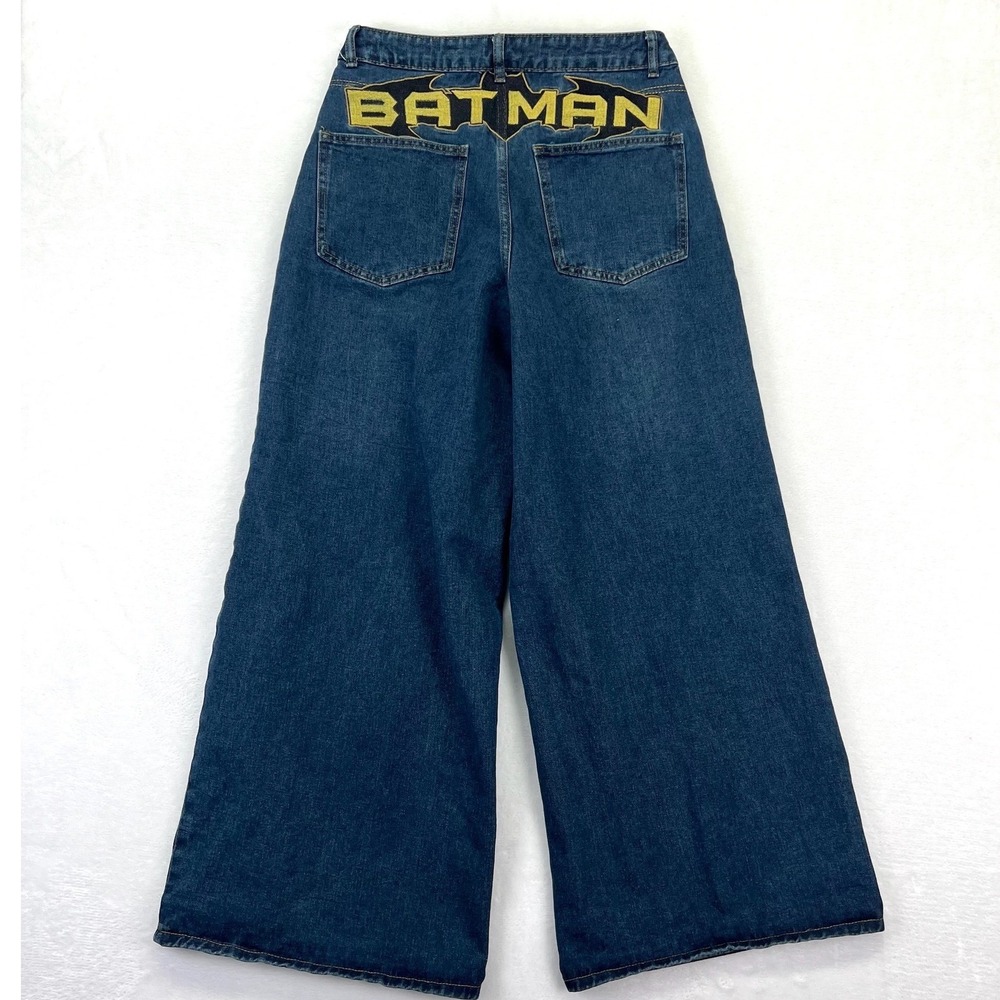 Batman Wide Leg Jeans Womens Medium Size 6‎ Embroidered Streetwear Baggy Denim